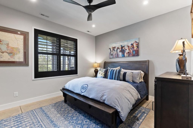 bedroom featuring recessed lighting, visible vents, baseboards, and a ceiling fan