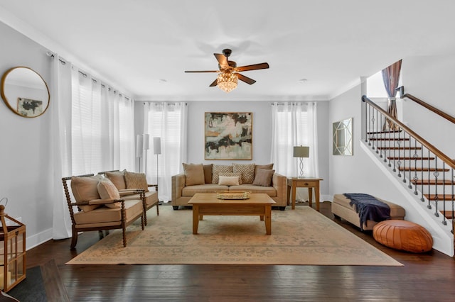779 Newcomb St, Franklin, TN 37064 - living area with ceiling fan, baseboards, stairs, and hardwood / wood-style floors