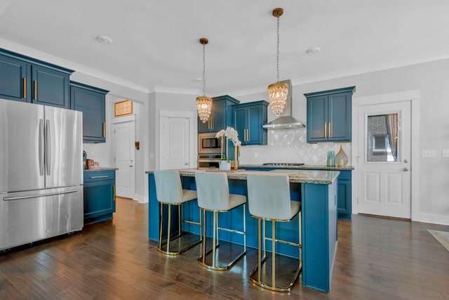 779 Newcomb St, Franklin, TN 37064 - kitchen featuring appliances with stainless steel finishes, wall chimney exhaust hood, blue cabinets, and ornamental molding