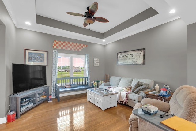1967 Overland Dr, Chapel Hill, TN 37034 - living room with light wood finished floors, ceiling fan, a tray ceiling, recessed lighting, and crown molding