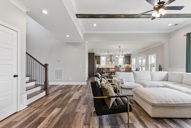 living area with ceiling fan, recessed lighting, dark wood-style floors, and stairs