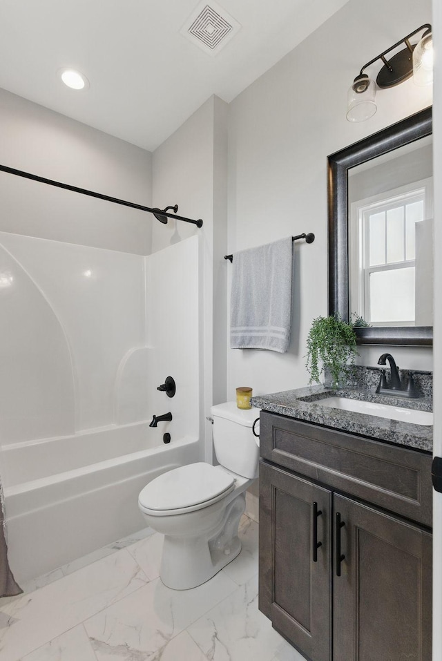 full bath with marble finish floor, toilet, shower / bath combination, vanity, and visible vents