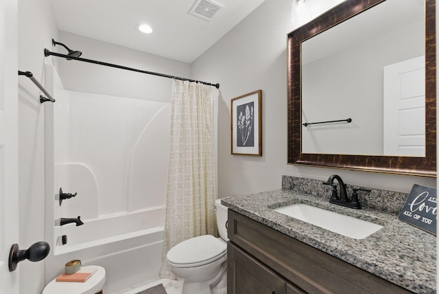 full bath featuring recessed lighting, shower / bathtub combination with curtain, vanity, toilet, and visible vents