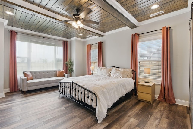 bedroom featuring wood ceiling, crown molding, baseboards, beam ceiling, and dark wood-style flooring