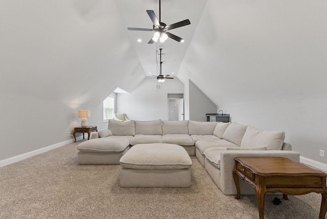 living room featuring carpet flooring, ceiling fan, lofted ceiling, and baseboards