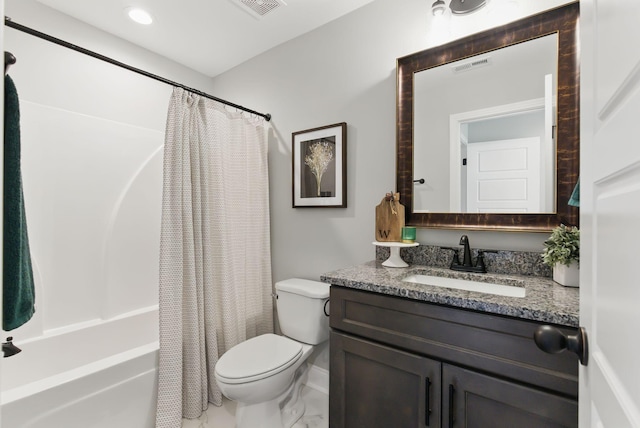 full bath with visible vents, toilet, shower / bath combination with curtain, vanity, and marble finish floor