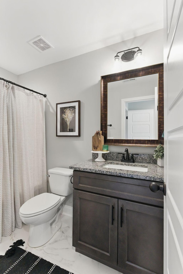 full bath featuring visible vents, a shower with shower curtain, toilet, vanity, and marble finish floor