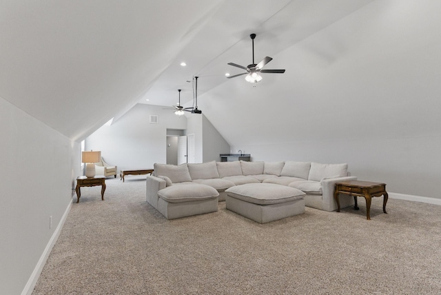 carpeted living room with recessed lighting, baseboards, visible vents, a ceiling fan, and lofted ceiling