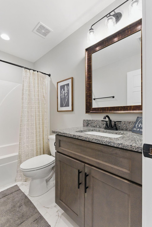 bathroom with shower / bath combination with curtain, marble finish floor, toilet, vanity, and visible vents