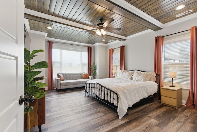 bedroom with wood ceiling, visible vents, beam ceiling, ornamental molding, and wood finished floors