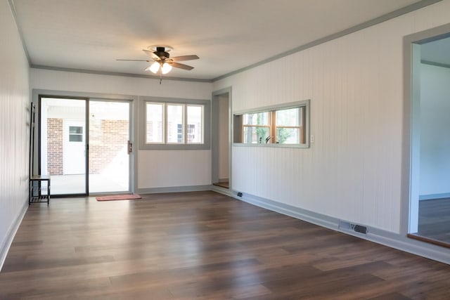 1203 W White Oak Dr, Cookeville, TN 38501 - unfurnished room with dark wood-type flooring, visible vents, crown molding, and ceiling fan