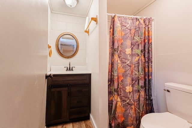 full bathroom featuring toilet, a shower with shower curtain, vanity, and wood finished floors