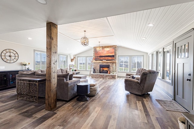 living area featuring a fireplace, dark wood-style flooring, wood ceiling, and lofted ceiling