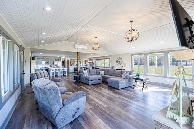 living area featuring a chandelier, wood ceiling, dark wood-style flooring, and vaulted ceiling
