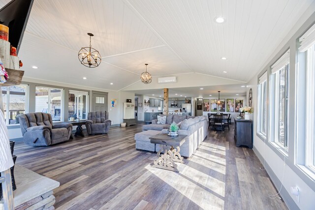 living room with wood ceiling, wood finished floors, an inviting chandelier, and lofted ceiling