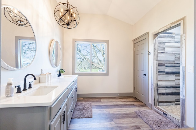 full bathroom featuring a sink, double vanity, a notable chandelier, and wood finished floors