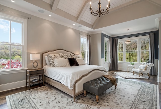 700 Pendragon Ct, Franklin, TN 37067 - bedroom featuring baseboards, a chandelier, visible vents, vaulted ceiling with beams, and wood finished floors