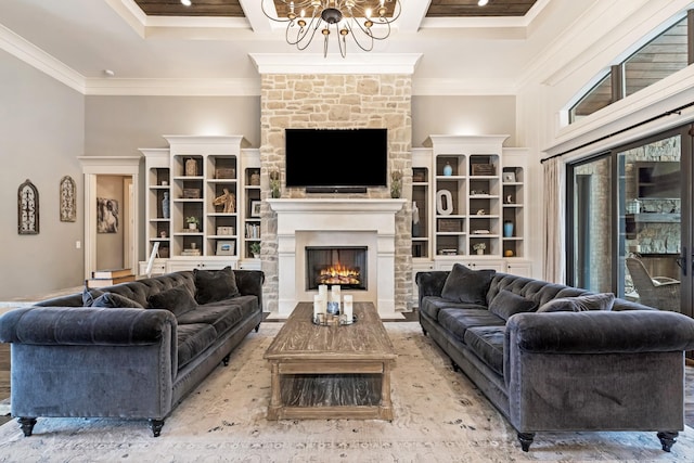 700 Pendragon Ct, Franklin, TN 37067 - living area with a chandelier, ornamental molding, a warm lit fireplace, and coffered ceiling