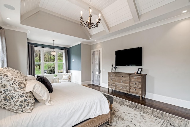 700 Pendragon Ct, Franklin, TN 37067 - bedroom featuring a chandelier, wood finished floors, lofted ceiling with beams, and baseboards