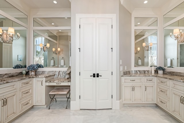 700 Pendragon Ct, Franklin, TN 37067 - full bathroom with marble finish floor, an inviting chandelier, vanity, and recessed lighting