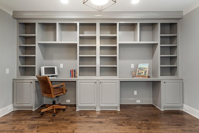 700 Pendragon Ct, Franklin, TN 37067 - unfurnished office with built in desk, baseboards, recessed lighting, and dark wood-type flooring
