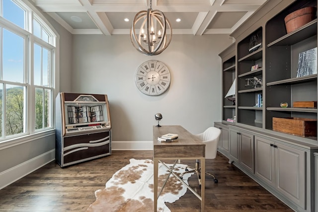 700 Pendragon Ct, Franklin, TN 37067 - office area featuring a wealth of natural light, a notable chandelier, baseboards, and coffered ceiling
