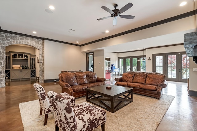700 Pendragon Ct, Franklin, TN 37067 - living area with recessed lighting, french doors, crown molding, ceiling fan, and finished concrete floors