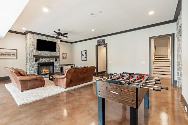 700 Pendragon Ct, Franklin, TN 37067 - rec room featuring concrete floors, a ceiling fan, and crown molding