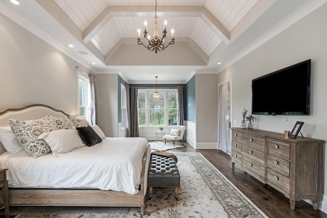 700 Pendragon Ct, Franklin, TN 37067 - bedroom with baseboards, a notable chandelier, lofted ceiling with beams, dark wood-style floors, and wood ceiling