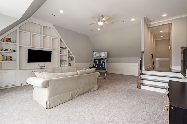 700 Pendragon Ct, Franklin, TN 37067 - carpeted living room featuring built in shelves, a ceiling fan, recessed lighting, and lofted ceiling