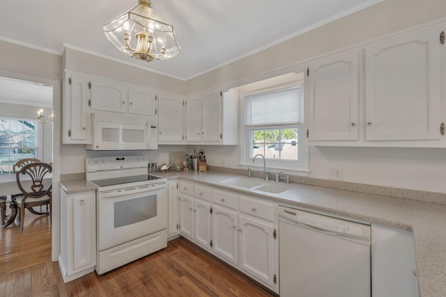 125 Sunnyside Ln, Columbia, TN 38401 - kitchen featuring white cabinets, a notable chandelier, a sink, and white appliances