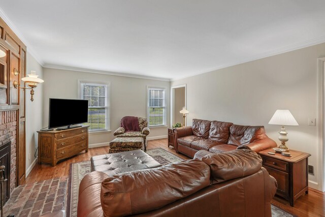 125 Sunnyside Ln, Columbia, TN 38401 - living area with wood finished floors, baseboards, a fireplace, and ornamental molding