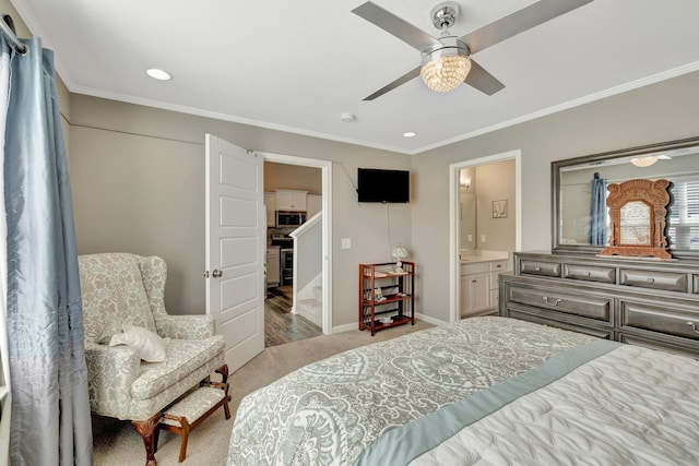 bedroom with recessed lighting, baseboards, ornamental molding, and carpet floors