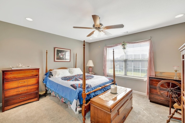 bedroom with visible vents, baseboards, ceiling fan, carpet floors, and recessed lighting