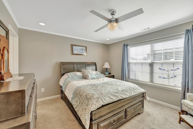 bedroom with light carpet, visible vents, and baseboards