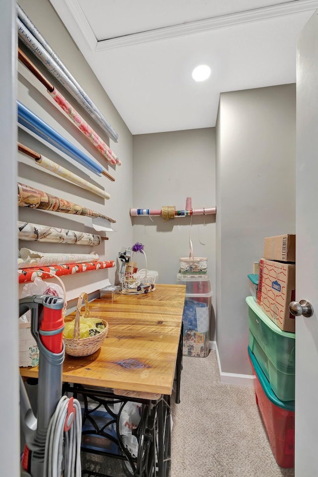 interior space with baseboards and carpet