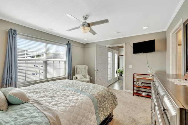 bedroom featuring ornamental molding, ceiling fan, carpet flooring, and baseboards