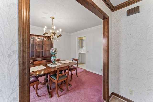 3720 Priest Lake Dr, Nashville, TN 37217 - dining area with wallpapered walls, carpet floors, baseboards, ornamental molding, and a notable chandelier
