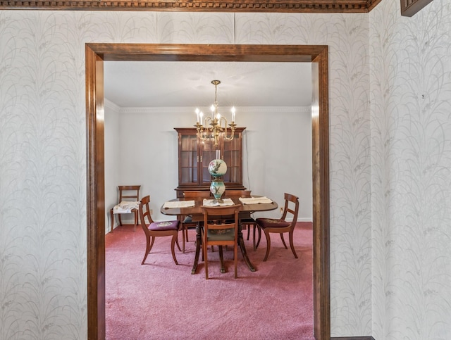 3720 Priest Lake Dr, Nashville, TN 37217 - carpeted dining room featuring a chandelier, ornamental molding, wallpapered walls, and baseboards
