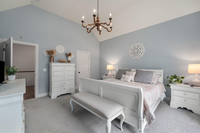bedroom featuring high vaulted ceiling, carpet flooring, and a notable chandelier