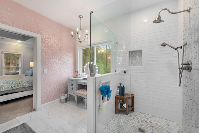 full bathroom featuring wallpapered walls, walk in shower, a notable chandelier, and connected bathroom