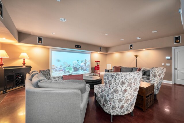 home theater featuring recessed lighting and baseboards