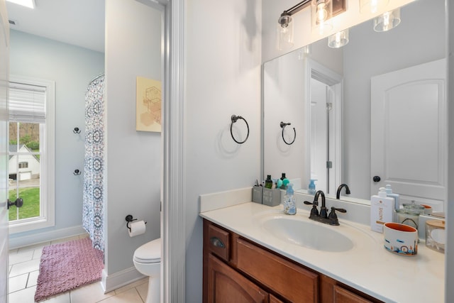 full bath featuring tile patterned flooring, vanity, and toilet