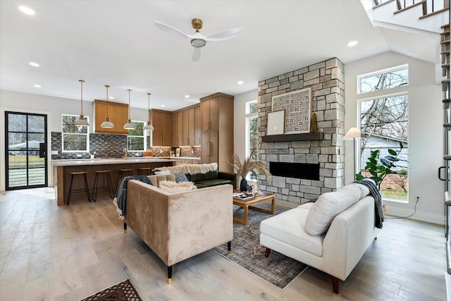 819 Davidson Dr, Nashville, TN 37205 - living area featuring light wood finished floors, ceiling fan, and recessed lighting