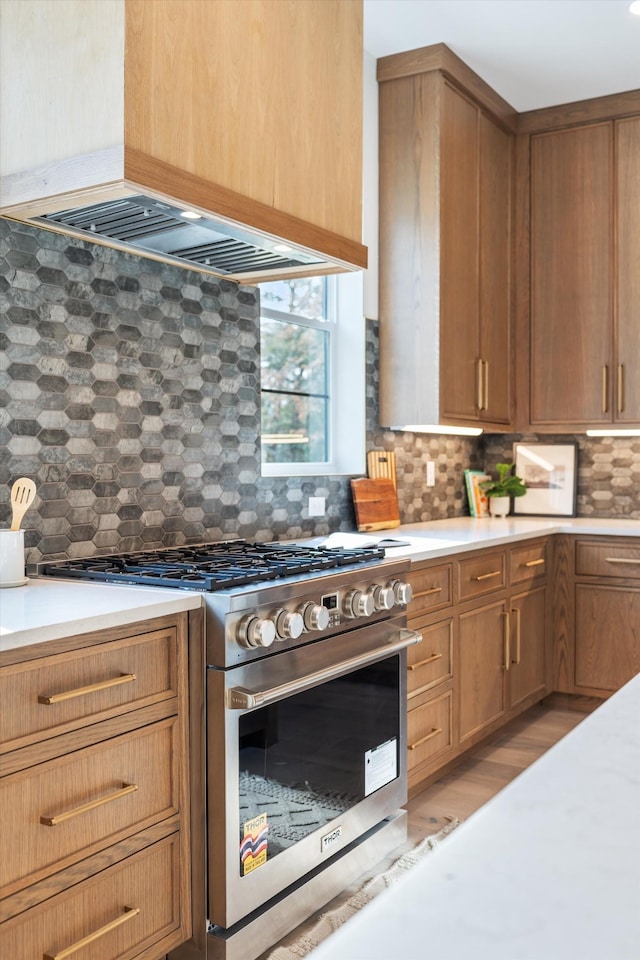 819 Davidson Dr, Nashville, TN 37205 - kitchen featuring light wood-type flooring, custom exhaust hood, light countertops, high end stainless steel range oven, and decorative backsplash