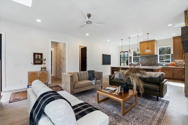 819 Davidson Dr, Nashville, TN 37205 - living room featuring baseboards, recessed lighting, light wood-type flooring, and a ceiling fan