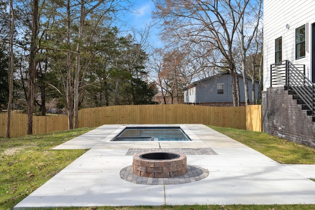 819 Davidson Dr, Nashville, TN 37205 - view of swimming pool with a fenced in pool, a patio, a fenced backyard, an outdoor fire pit, and a lawn