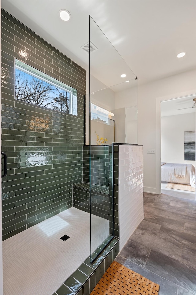 819 Davidson Dr, Nashville, TN 37205 - bathroom featuring visible vents, tiled shower, connected bathroom, and recessed lighting