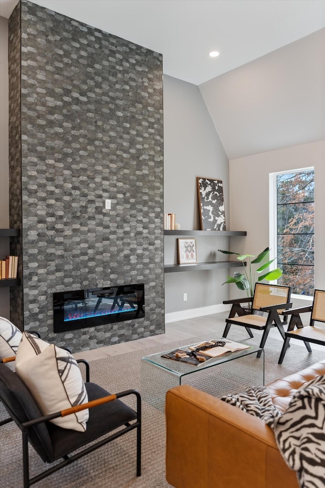 819 Davidson Dr, Nashville, TN 37205 - living area featuring recessed lighting, a large fireplace, vaulted ceiling, and wood finished floors