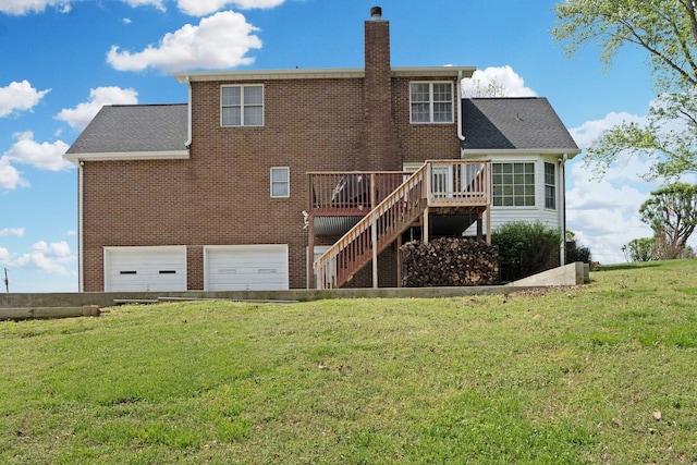 1719 Wynnewood Dr, Chapmansboro, TN 37035 - rear view of property with a chimney, a lawn, an attached garage, a wooden deck, and brick siding